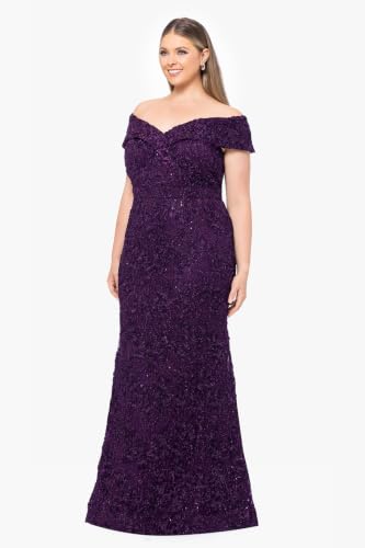 Image of Xscape Women's Plus Size Off The Shoulder Sequin & Lace Overlay Evening Gown with Sweetheart Neckline, Sheath Formal Dress, Mulberry Purple, 14W