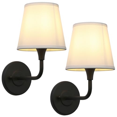 Image of Phansthy Hardwired Brass Boho Wall Sconces Set of 2, Vintage Industrial Wall Lamps, Vanity Sconces Wall Lighting with Natural Fabric Shade for Bathroom Bedroom Living Room (Black + White Shade)