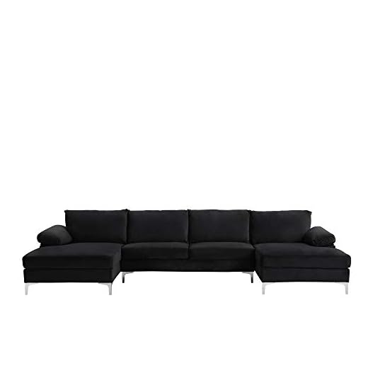 Casa Andrea Milano Modern Large Velvet Fabric U-Shape Sectional Sofa, Double Extra Wide Chaise Lounge Couch, Black