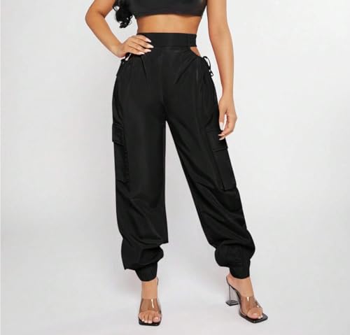 Womens Elastic Waist Cutout Waist Pocket Side Cargo Pants Knot Long Pant Trousers For Women3
