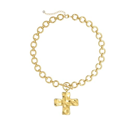 CHESKY 14K Gold Plated Chunky Cross Necklace for Women Statement Cross Necklace Big Hammered Bold Cross Heart Pendant Necklace Trendy Gold Toggle Necklaces Vintage Jewelry