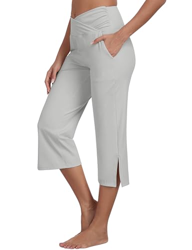 MoFiz Pantalón 3/4 Mujer Cintura Cruzada Slim Fit Stretch Leggings Pantalón de Deporte Yoga con Bolsillos