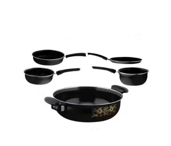 Image of Induction Base Non Stick Cast Iron Cookware Set of 5 Piece Kadai Tawa Frypan Saucepan Tadka Pan Kitchen Set Black Free Size