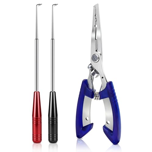 DRMBIGA Fish Hook Remover Tool & Fishing Pliers Kit – 2 Stainless Steel Hook Removers + 1 Split Ring Pliers, Quick & Safe Use, Non-Slip Handle, Magnetic Tip, Salt & Freshwater Fishing, Men’s Gift