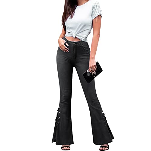 Lace-up Bell Bottom Pants Jeans for Women Mid Waisted Wide Leg Bootcut Slim Denim Pants Trousers4