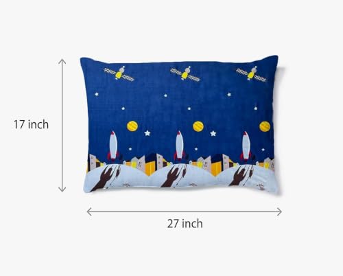 Image of Filymore Single Fitted Bedsheet with 1 Pillow Cover, Space Rocket Printed Bed Sheet for Single Bed, 240 TC Soft Microfiber Elastic Fitted Bedsheet, Mattress Size 72 x 36 Inch, Blue