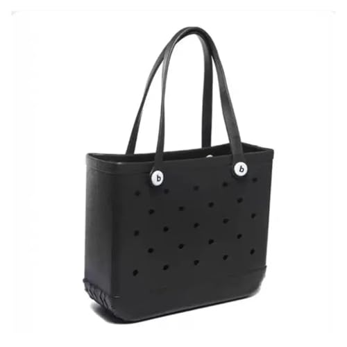 Large EVA Rubber Waterproof Beach Bag for Women - Solid Color Jelly Shoulder Tote with Storage Basket - Travel Shopping Handbag for Summer Vacation(Black A,M)