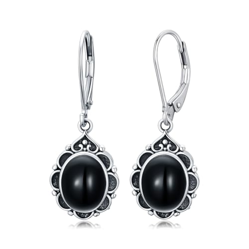 Black Onyx Earrings 925 Sterling Silver Vintage Leverback Dangle Drop Earrings for Women