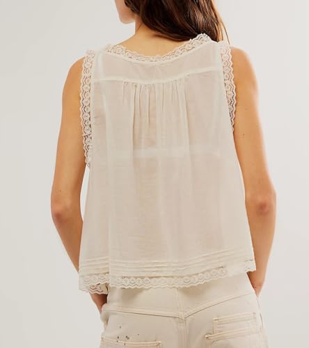 Women Sleeveless Ruffled Lace Trim Chiffon Crop Top Scoop Neck Flowy Button Down Front Tie Mesh Crop Tank Top4