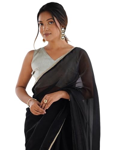 Image of SIRIL Women's Shimmer Chiffon Lace Border Saree With Unstitched Blouse Piece