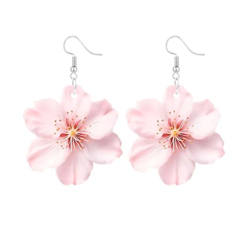 Pink Cherry Blossom Dangle Earrings Acrylic Floral Drop Earrings for Women Whimsical Dangling Statement Jewelry Summer Seaside Holiday Fairycore Accessories