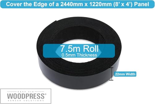 WoodPress® 22mm Mattschwarz Melamin Kantenumleimer mit Schmelzkleber – 7,5m Rolle – Einfaches Aufbügeln für Heimwerker