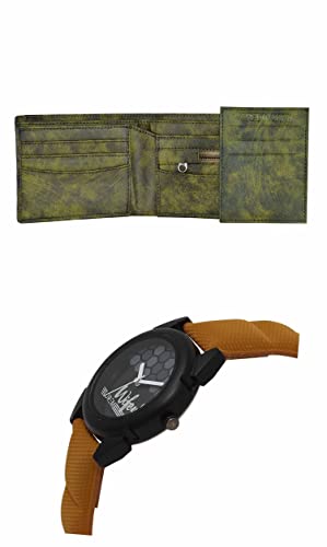 Image of LOREM Green Color Faux Leather Wallet & Black Analog Watch Combo for Men & Women | WL27-LR235