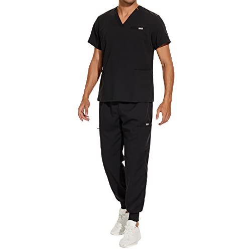 niaahinn Scrub for Scrubs Top with classic V-neck & Yoga Jogger Pants medical Nursing Uniform scrub set (Black,M,Medium)