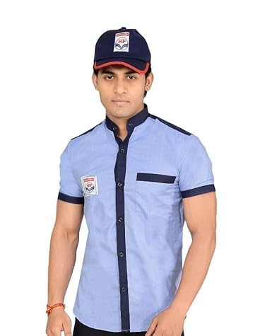 Men’s Petrol Pump Uniform Shirt with Matching Cap – Light Blue Half Sleeve Mandarin Collar Staff Workwear, Comfortable Service and Industrial Uniform