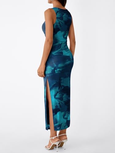 Image of Trendy Queen Bodycon Maxi Dress Womens Sleeveless Floral Print Fitted Party Club Ruched Dresses with Side Slit