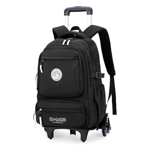 GRUOTEIS Black Rolling Backpack for Boys Middle Junior School Kids, Boys Backpack with 6 Wheels, Black