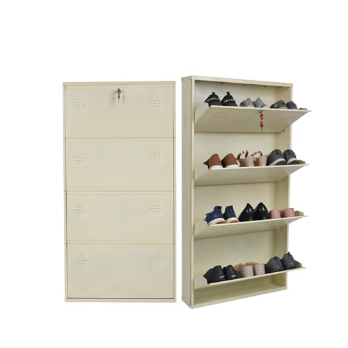 Image of 4 Door Wall Mounted Metal Shoe Rack Cabinet with Lock | Space Saving Shoe Storage Cabinet for Home, Entryway & Balcony | Dustproof Ventilated Shoe Organizer | Ivory | 52 x 26 x 6 Inch