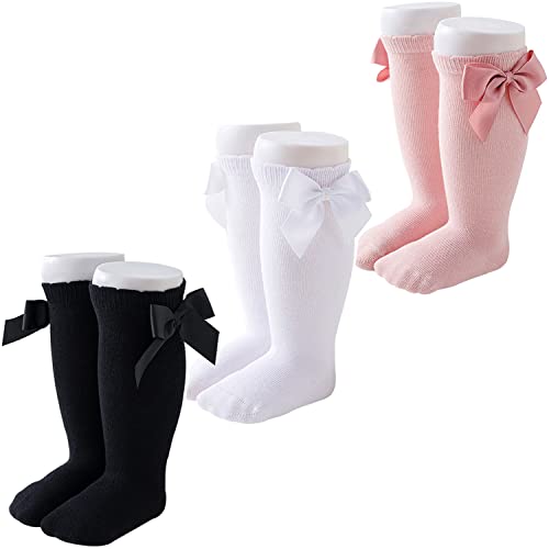 Image of Marchare Baby Girls Knee High Socks Baby Girls Bow Stockings Cotton Uniform Stockings Dress Socks 5 Pack,0-5T