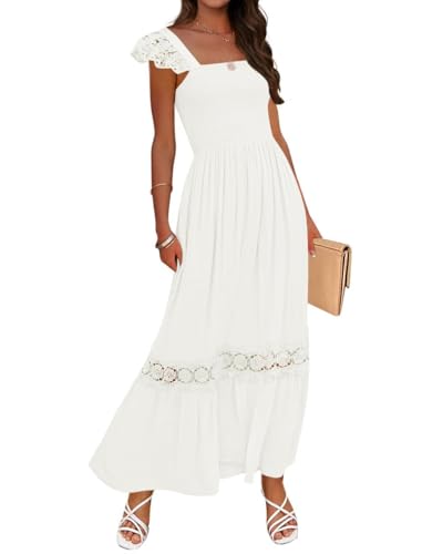 ZESICA Women's 2025 Summer Lace Strap Sleeveless Square Neck Smocked High Waist Ruffle Hollow Out Flowy A Line Maxi Dress