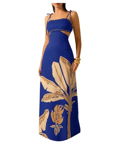 Image of SOLY HUX Women's Summer Maxi Dress Boho Print Tie Shoulder Spaghetti Strap Cut Out Tie Back Cami Dresses Sundress