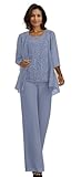 BUBZHID 3 Pieces Pant Suits for Women Dressy Elegant Outfits Appliques Sets Dusty Blue Wedding Guest Dresses with Sleeves US8
