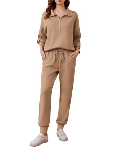 Image of PINSPARK 2 Piece Sets for Women Long Sleeve Half Zip Tracksuit Jogger Sets | 2026 Fall Travel Outfits Lounge Set, Lightweight Soft Air Layer Fabric, Kangaroo Pocket Sweatshirt, Drawstring Joggers Pants
