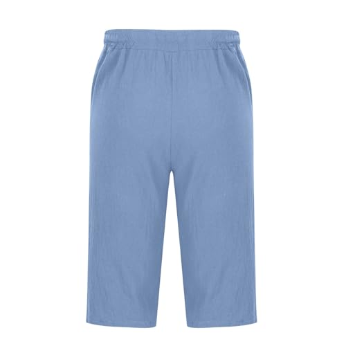 Cambkatl Men's Cotton Linen Capri Pants Lightweight Casual Summer Drawstring Elastic Waist Loose Beach Pants with Pockets3