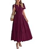 BTFBM Womens Summer 2026 Casual Midi Maxi Dresses Lightweight Short Sleeve V Neck Elastic Waist Boho Beach Dress Pockets(Wine Red, X-Large)