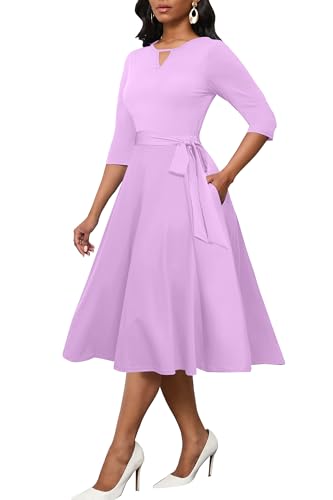Image of CLOCOR Midi Dresses for Women Casual A-Line Fit and Flare Dress Crewneck 3 /4 Sleeve Keyhole Cocktail Party Church Dress