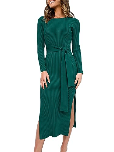 ANRABESS Women's Sweater Dresses Crewneck 2023 Fall Tight Long Sleeve Slim Fit Soild Color Side Split Tie Waist Winter Outfits Bodycon Ribbed Midi Dress 623conglinlv-S Opal Green