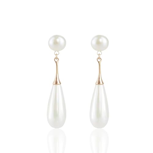 Bi&Yamigeo White Double Pearl Drop Earrings for Women,Vintage Gold Plated Long Faux Pearls Teardrop Dangle Pendant Stud Earrings Jewelry for Wedding Prom Party