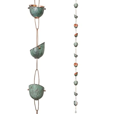 GreenThings Pure Copper Rain Chain, Modern Angle Artisan Made and Sealed for Longer Shine, Water Diversion, 8 Ft, Low-Splash Design, w/Gutter Attachment
