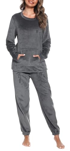 Lovasy Fleece Schlafanzug Damen Winter Lang Flanell Pyjama Set Warmer Flauschiger Frottee Schlafanzüge für Damen mit Taschen,B-Dunkelgrau,L