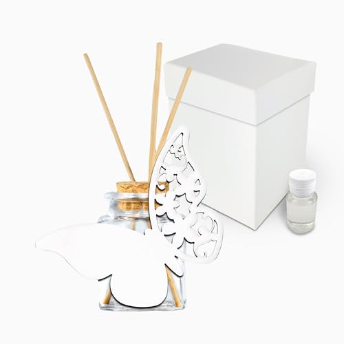 Albalù Bomboniere Profumatore Farfalla Vetro Bastoncini Applicazione in Legno Battesimo Comunione Cresima Matrimonio, Scatola e Boccettina Profumo Inclusi