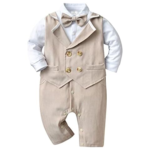 Baby Clothing Boys Romper Boss Baby Costume Suit Kids Christmas Outfit Fake Waistcoat With Bow Tie Khaki 6-9 Months Cover