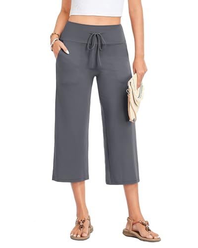 Image of ZOOSIXX Capri Pants for Women - Wide Leg Loose Casual Trousers with Pockets Summer High Waisted Drawstring Pants