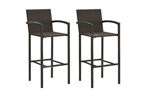Image of OUTLIVING Rattan Wicker Outdoor Bar Patio Table with 2 Chairs Set for Home Graden Balcony 2 Seater Bar Patio Furniture - (Brown)