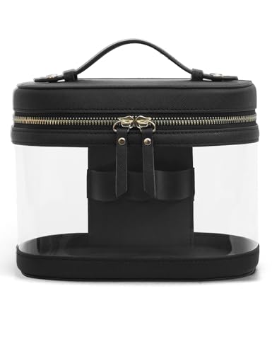Popvibe Bolsa de maquiagem de viagem, estojo compacto e transparente com armazenamento de pincéis e alça superior, estojo de maquiagem de higiene pessoal bolsa de cosméticos de couro de viagem, estojo