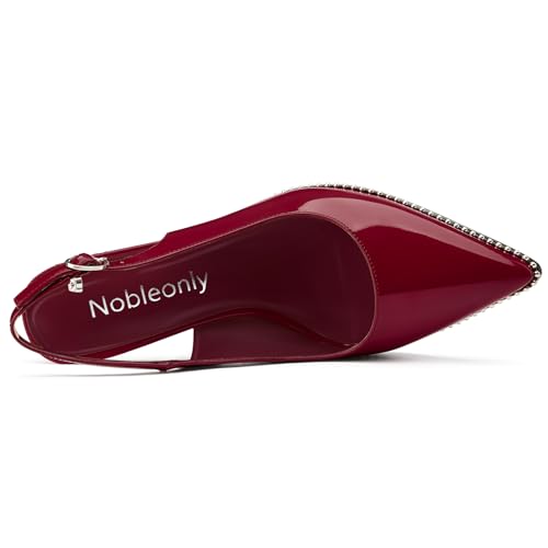 Image of NobleOnly Slingback Beaded Pumps for Women High Stiletto Heel Pointed Toe Slip-on Dress Sandals Adjustable Buckle Rhinestone Patent Leather 3.9 Inches Heels