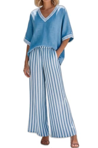 Conjunto de 2 piezas para mujer con pantalones de pierna ancha a rayas y cuello en V de lino