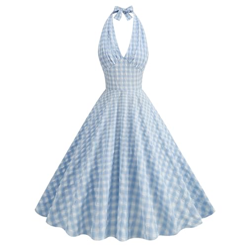 Klassisches Chaoyang-Karo-Stretch-Neckholder-Kleid mit hoher Taille, Elegantes, temperamentvolles, Romantisches Swing-Kleid für Damen – blau und...