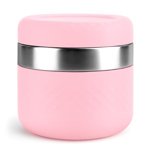 Image of 24 oz Insulated Food Jar, Stainless Steel Lunch Container, Pink | 18 /8 Stainless Steel, Leakproof Lid, Wide Mouth, Silicone Sleeve, Measurement Marks, Hot & Cold Food, Soup, Dishwasher Safe