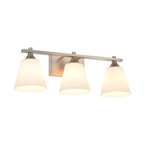 Image of Bathroom Vanity Light Fixtures, Traditional Brushed Nickel 3 Lights Vanity Lighting Fixture with Opal Glass Shade, Porch Wall Mount Light Fixture for Bathroom, Mirror Cabinets Hallway Stairs