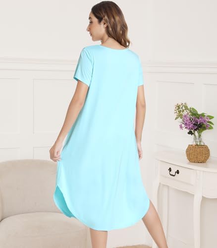 Image of NACHILA Nightgowns for Women-Viscose Made from Bamboo, Short Sleeve Nightshirts Cool Sleep Dress Long Sleep Shirt