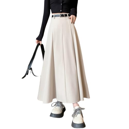 Office Lady All-Match Waist A-Line Skirts, High Waisted A Line Flowy Pleated Fall Winter Skirt with Belt