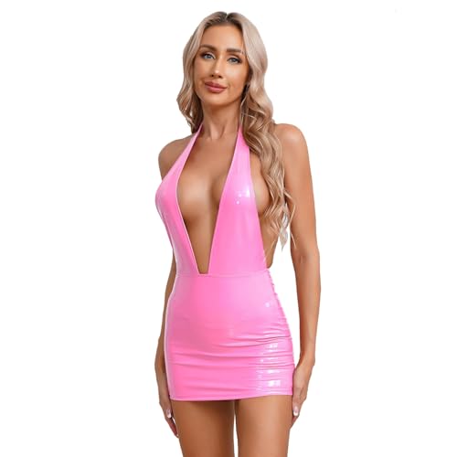 Sxiwei Womans Wet Look Bodycon Dress Halter Plunging Patent Leather Vneck Party Short Night Club Dress Pink Small