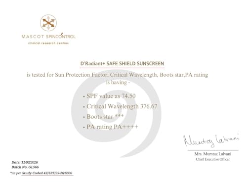 Image of D'Radiant+ Safe Shield Sunscreen SPF 50 PA++++ | Broad Spectrum UVA, UVB, Blue Light, Infrared Protection | Modern Uv Filters | Lightweight, Brightening Effect | Dermatologically & Clinically Tested (50ml)