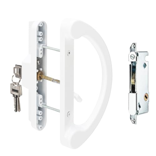 SANKINS Sliding Patio Door Handle Pull Set with Key Cylinder Replacement Sliding Door Handle with Mortise Lock for Sliding Glass Door Handle Fits Hole Pitch Doors with 3-15/16 Inch Hole Pitch White