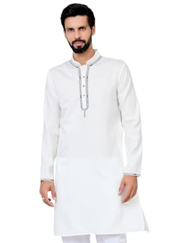 Image of See Designs Men's Full Sleeve Mandarin Collar Sequins Embroidered Chanderi Straight Long Kurta with Yoke Design - Festive Collection